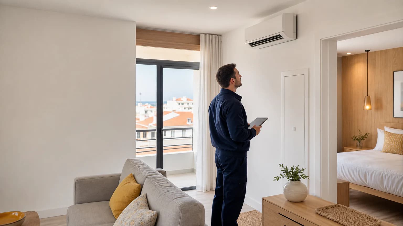 Técnico a avaliar a climatização de um alojamento local