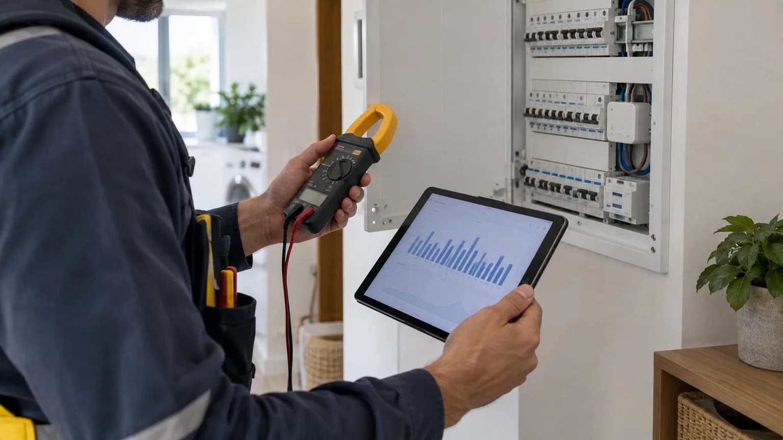 Eletricista mede consumos junto ao quadro antes de configurar automações residenciais