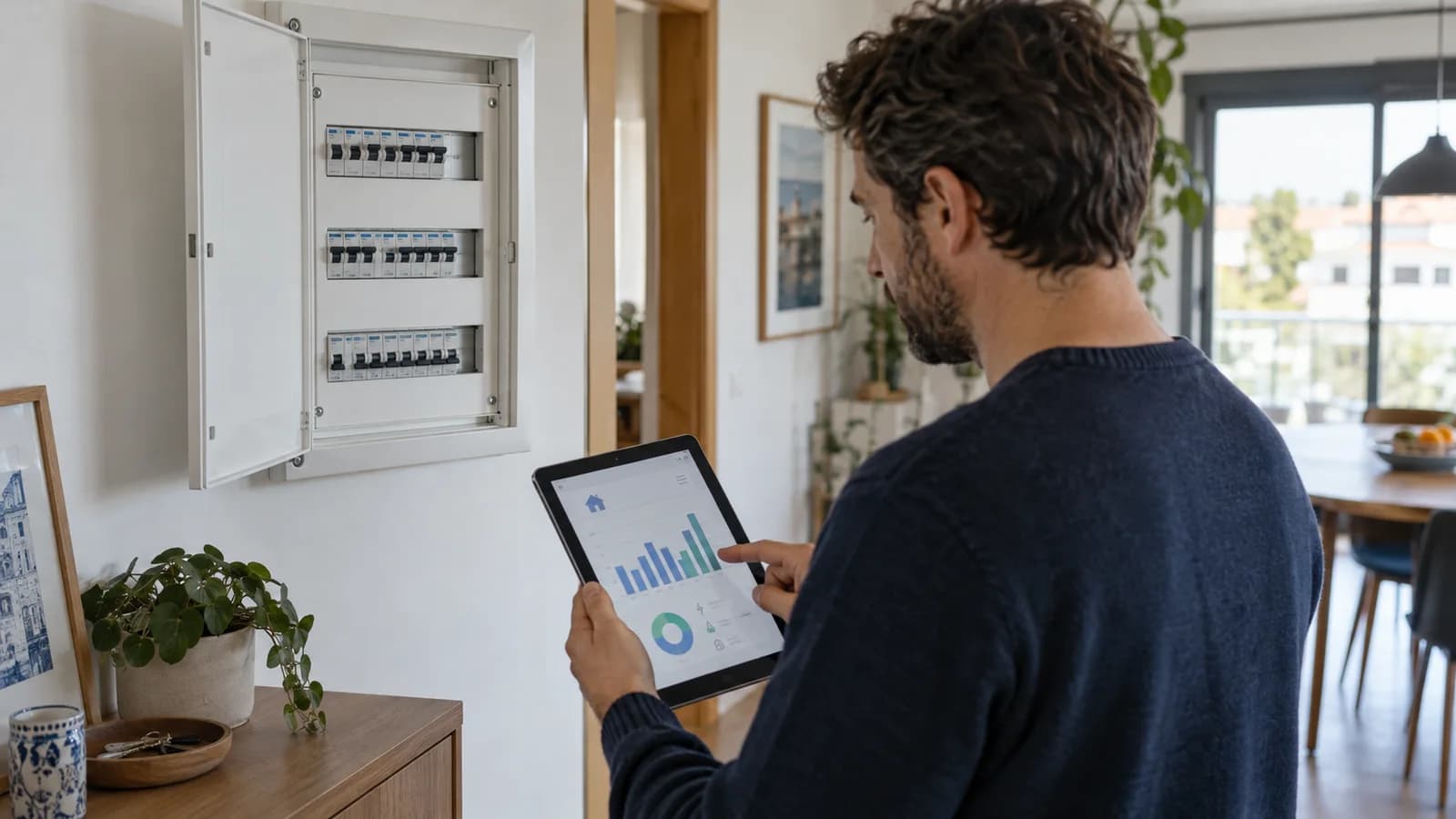 Morador a analisar o consumo elétrico num tablet junto ao quadro elétrico doméstico