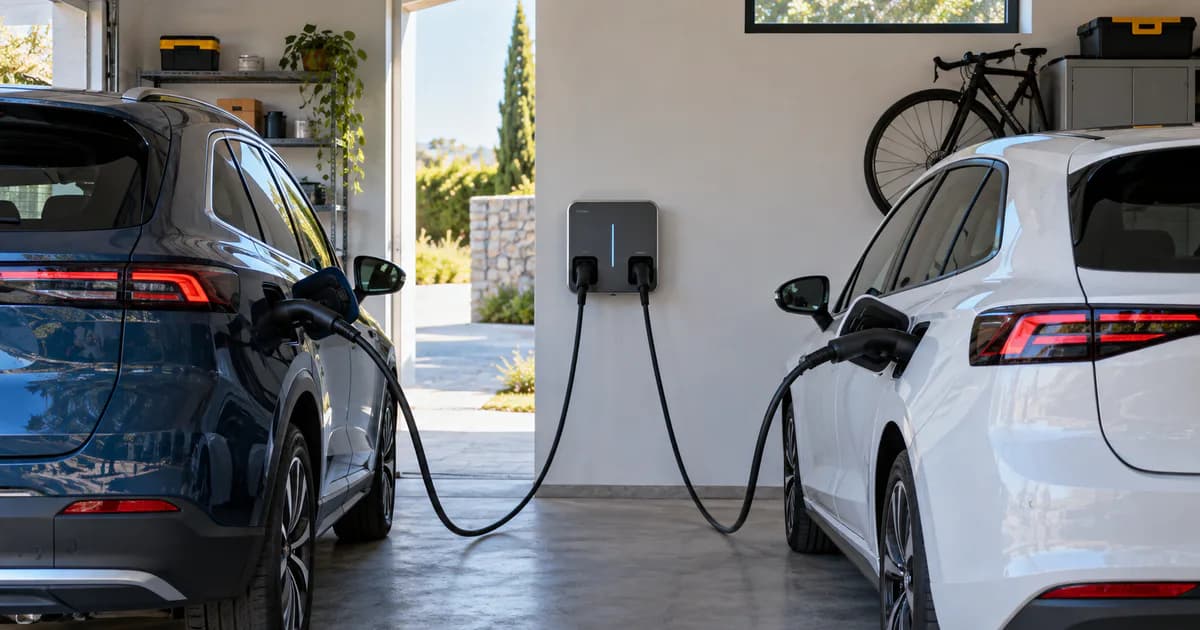 Dois veículos elétricos ligados em simultâneo a uma estação de carregamento dupla genérica