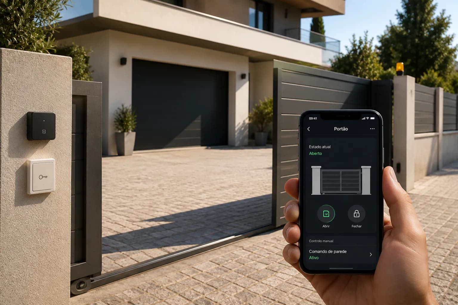 Controlo inteligente de portão residencial pelo telemóvel