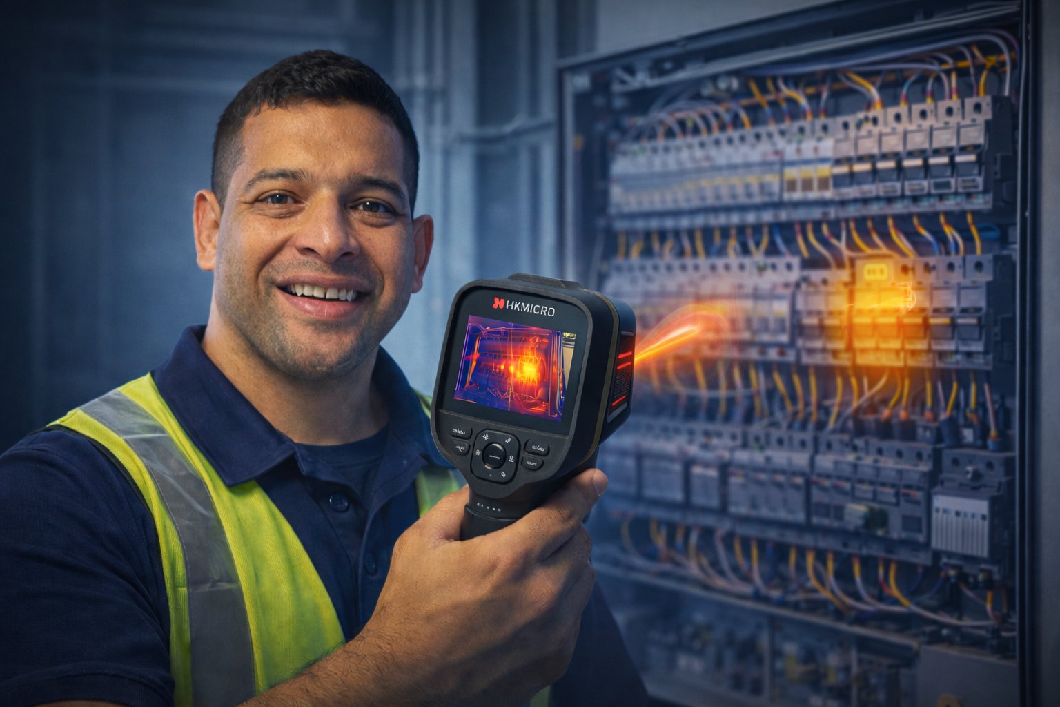 Eletricista profissional a realizar inspeção termográfica com câmara HIKMICRO num quadro elétrico na Figueira da Foz