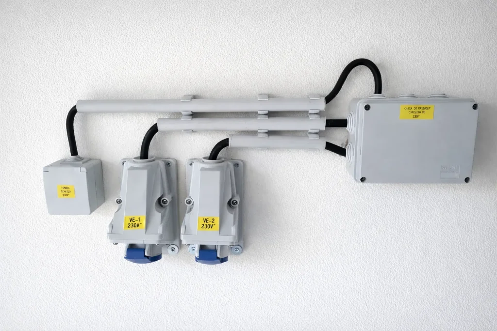 Instalação de tomada industrial dedicada para carregamento de veículo elétrico com circuito exclusivo e proteção adequada na Figueira da Foz